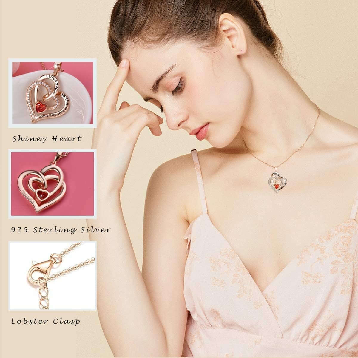 Heart Necklace for Women 925 Sterling Sliver Birthstone Heart Jewelry I Love You to the Moon and Back Necklaces for Mother Girlfriend Wife with Jewelry Gift Box