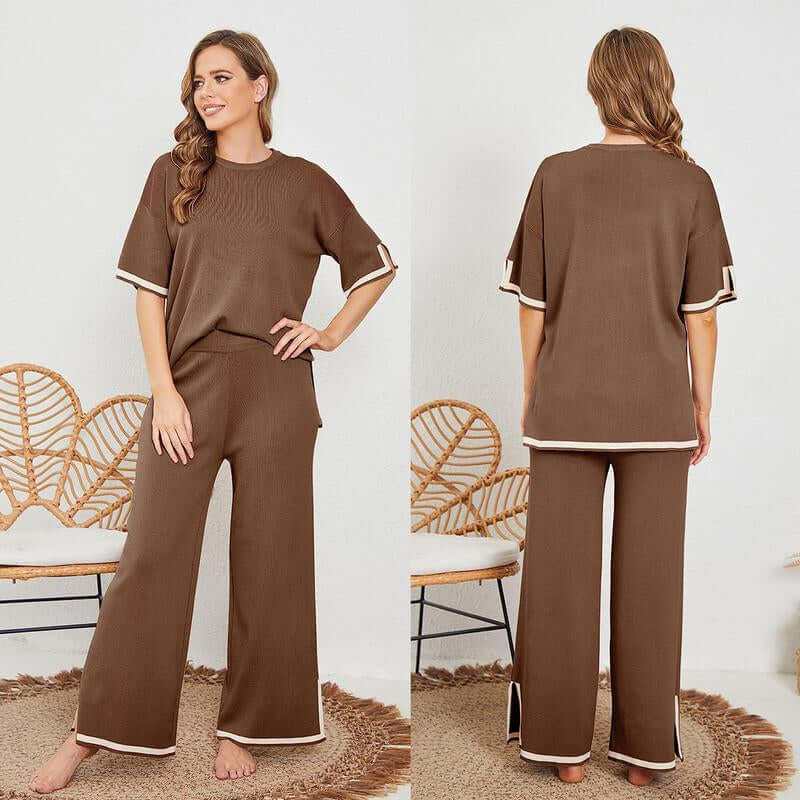 Ommig Sweater Sets Women 2 Piece Lounge Sets Short Sleeve Knit Pullover Tops Wide Leg Pants