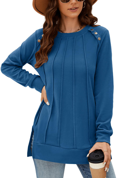 Odosalii Womens Long Sleeve Tops Crewneck Sweatshirts Pleated Front Sweaters Plain Shirts Trendy Side Split Fall Outfits