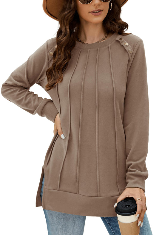 Odosalii Womens Long Sleeve Tops Crewneck Sweatshirts Pleated Front Sweaters Plain Shirts Trendy Side Split Fall Outfits