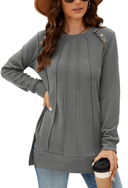 Odosalii Womens Long Sleeve Tops Crewneck Sweatshirts Pleated Front Sweaters Plain Shirts Trendy Side Split Fall Outfits