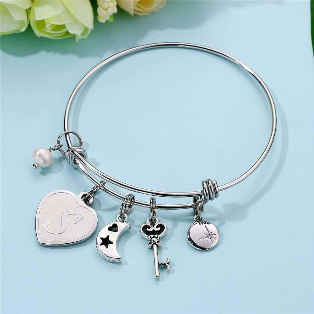Initial Charm Bracelets for Women Gifts - Engraved 26 Letters Initial Charms Bracelet Stainless Steel Bangle Bracelet Birthday Christmas Jewelry Gift for Women Teen Girls