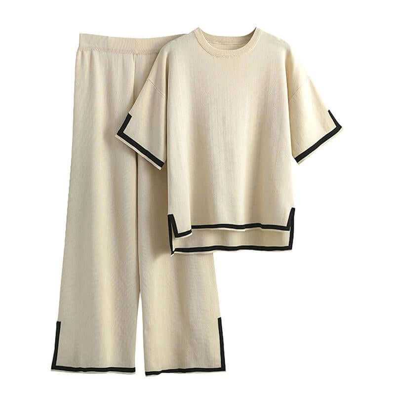 Ommig Sweater Sets Women 2 Piece Lounge Sets Short Sleeve Knit Pullover Tops Wide Leg Pants