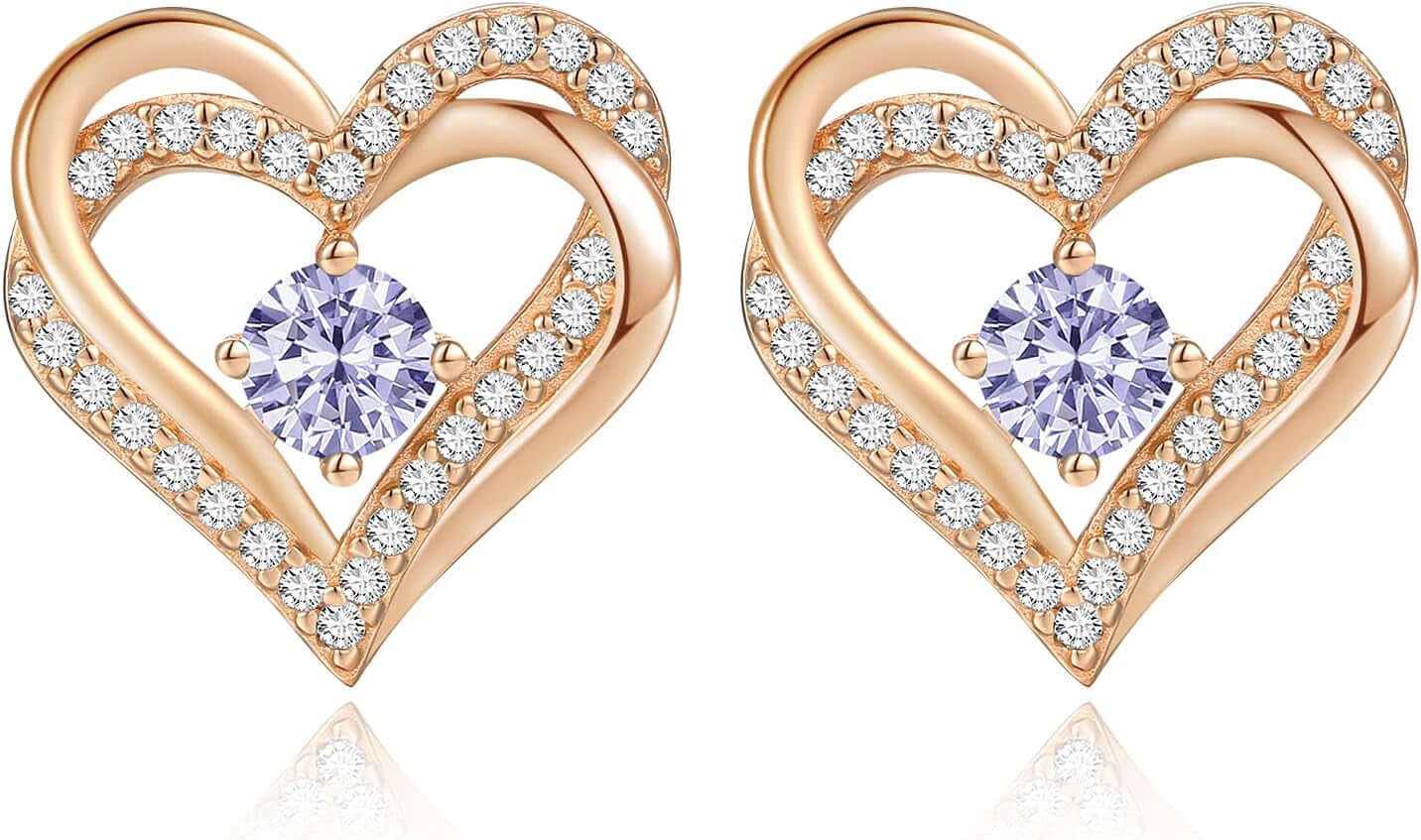 Forever Love Heart Stud Earrings for Women, 925 Sterling Silver Birthstone Heart Stud Earrings Mother&