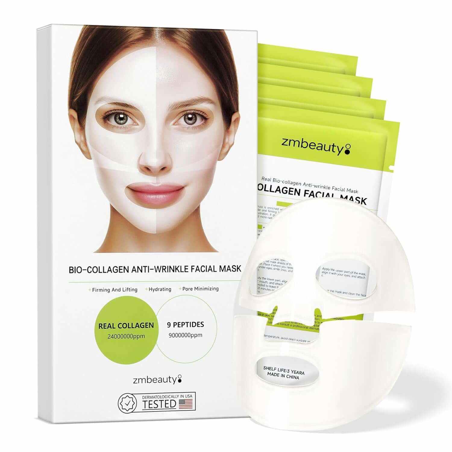 Collagen Face Mask, Bio-Collagen Mask Overnight for Skin Care, Anti-Wrinkle Facial Sheet Mask with 9 Peptides for Elasticity &amp; Moisturizing, Collagen Night Wrapping Mask, 8 Pcs