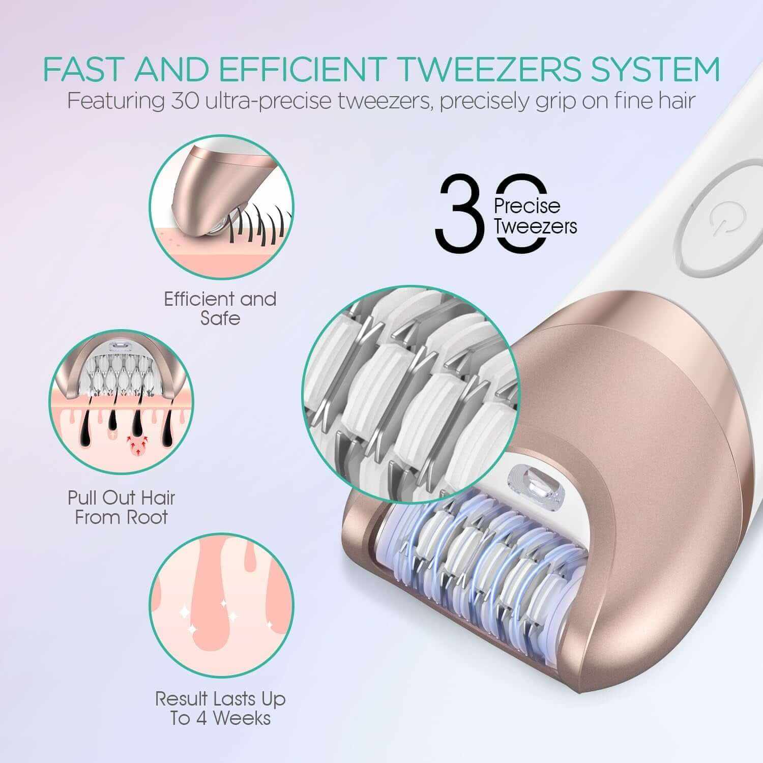 Epilator for Women, 3 in 1 Epilator Hair Removal for Women, Epilators Hair Remover for Leg Arm with 30 Tweezers, Rechargeable &amp; Cordless Electric Lady Shaver &amp; Trimmer BM300 (Champagne Gold)