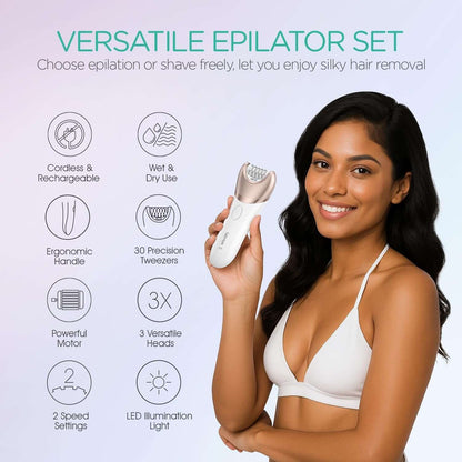 Epilator for Women, 3 in 1 Epilator Hair Removal for Women, Epilators Hair Remover for Leg Arm with 30 Tweezers, Rechargeable &amp; Cordless Electric Lady Shaver &amp; Trimmer BM300 (Champagne Gold)