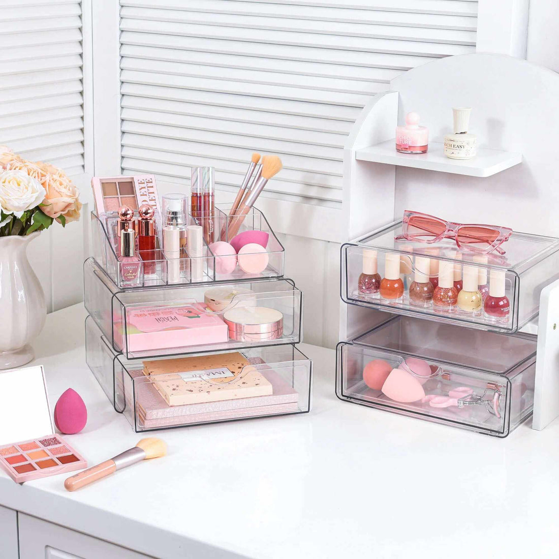 4 Tier Clear Makeup Organizer with Drawer, Plastic Cosmetic Storage, Beauty Holder
