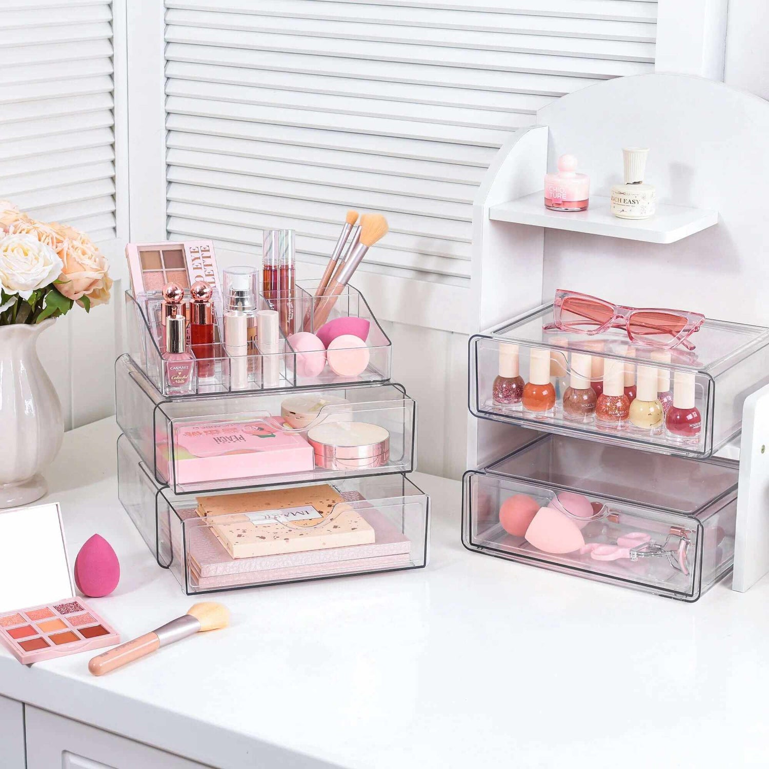 4 Tier Clear Makeup Organizer with Drawer, Plastic Cosmetic Storage, Beauty Holder