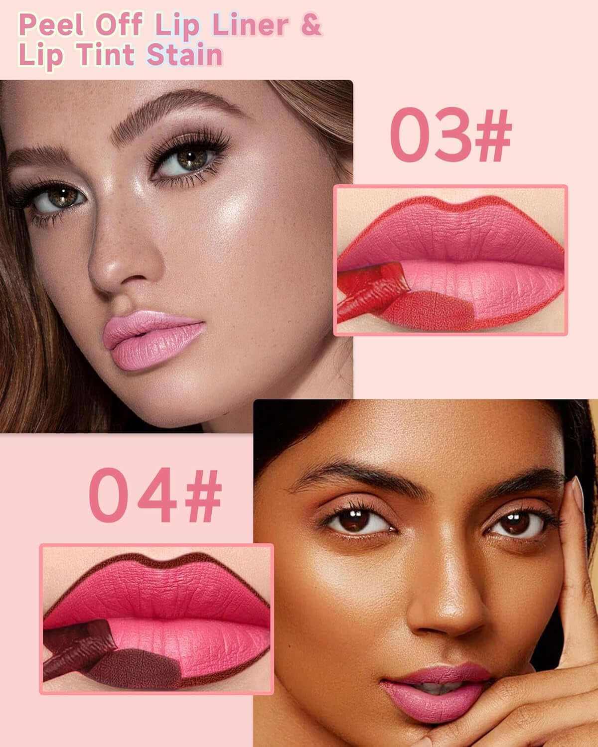 Peel off Lip Liner Stain Set, 2Pcs Waterproof Lip Tattoo Peel off Lip Tint Stain, Long Lasting Transfer-Proof Non Stick, Matte Finish High Pigmented Color Peel &amp; Reveal Lips Gloss Makeup for Women-3,4