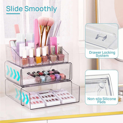 4 Tier Clear Makeup Organizer with Drawer, Plastic Cosmetic Storage, Beauty Holder