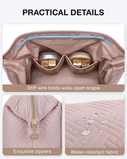 Makeup Bag Cosmetic Pouch, Large Capacity Toiletry Bag Travel Organizer Case for Lipsticks Electonic Accessories, Waterproof Portable, Multifunction, Pink