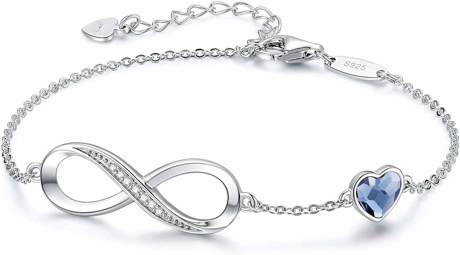 Infinity Heart Birthstone Charm Link Bracelet for Women 925 Sterling Silver Adjustable Mother&