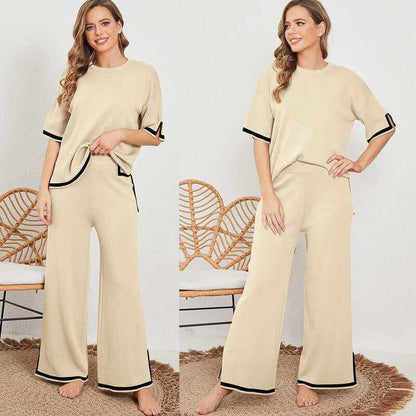 Ommig Sweater Sets Women 2 Piece Lounge Sets Short Sleeve Knit Pullover Tops Wide Leg Pants