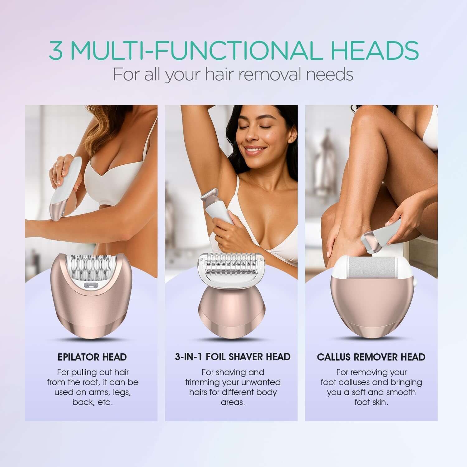 Epilator for Women, 3 in 1 Epilator Hair Removal for Women, Epilators Hair Remover for Leg Arm with 30 Tweezers, Rechargeable &amp; Cordless Electric Lady Shaver &amp; Trimmer BM300 (Champagne Gold)