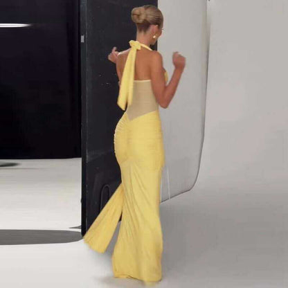 Chest Twist Halter Tie Mermaid Maxi Dress for Women&