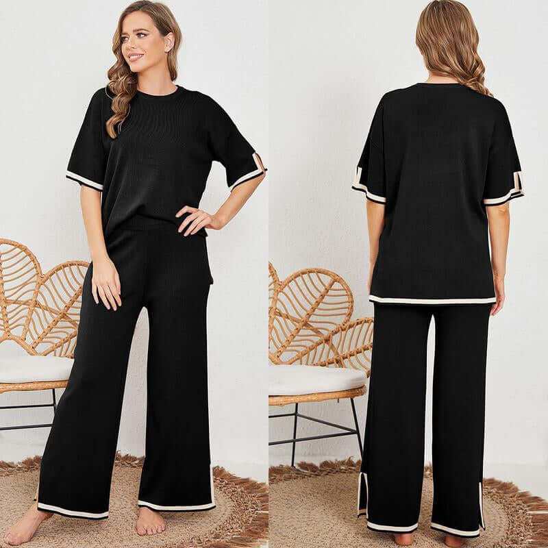 Ommig Sweater Sets Women 2 Piece Lounge Sets Short Sleeve Knit Pullover Tops Wide Leg Pants