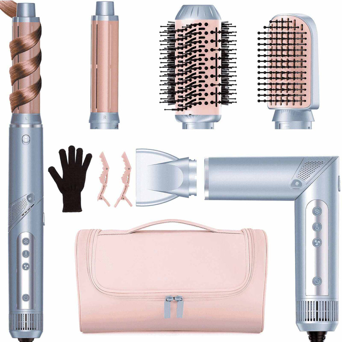 5-In-1 Hair Styler, Air Styling &amp; Drying System, Powerful Hair Dryer Brush &amp; Multi-Styler with Auto-Wrap Curlers, Oval Brush, Hair Straightener, Portable Package, Blue