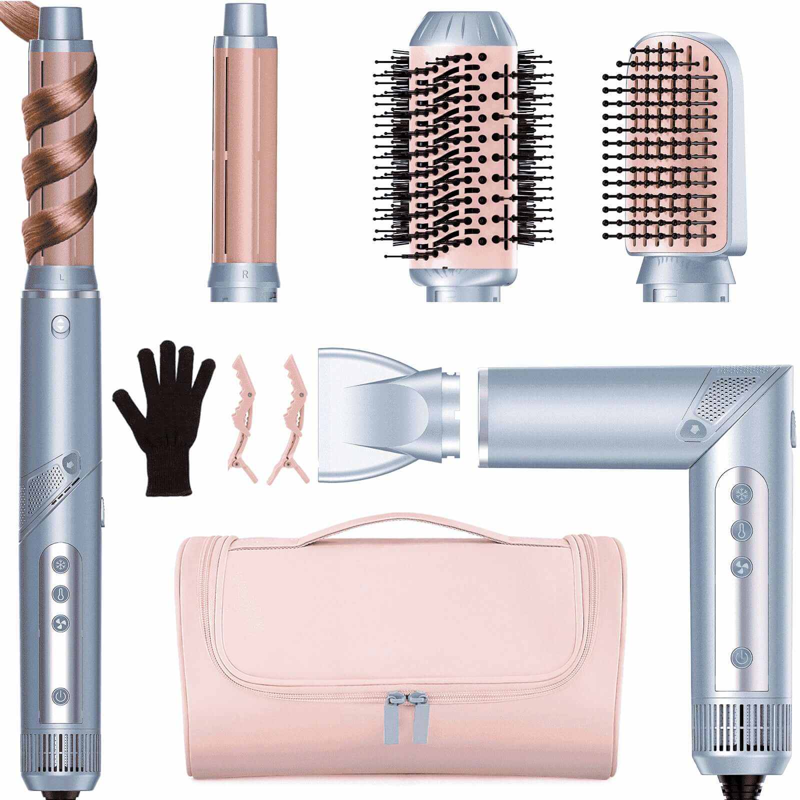 5-In-1 Hair Styler, Air Styling &amp; Drying System, Powerful Hair Dryer Brush &amp; Multi-Styler with Auto-Wrap Curlers, Oval Brush, Hair Straightener, Portable Package, Blue