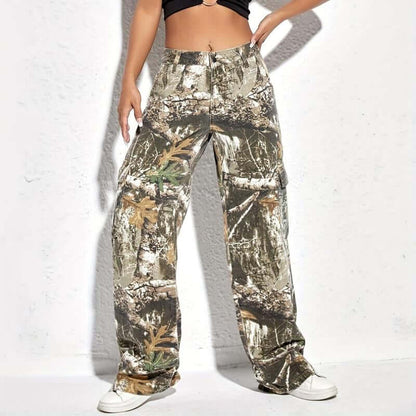 【Rvesoi】Women Camouflage Cargo Pants Straight Wide Leg Trousers Jeans with Pockets Casual Jean