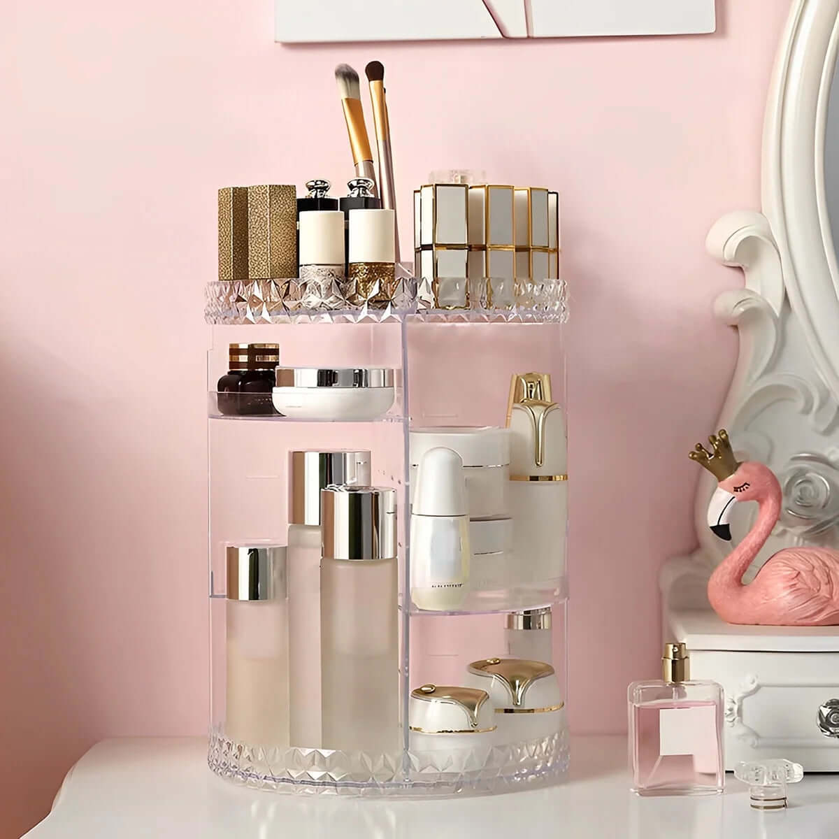 3 Tiers Rotating Makeup Organizer with Compartment 360° Spinning Makeup Stand Reusable Spinning Storage Display Case Clear
