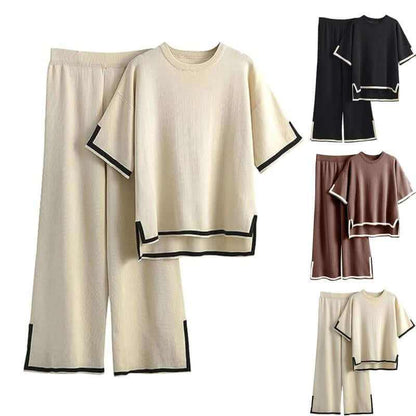 Ommig Sweater Sets Women 2 Piece Lounge Sets Short Sleeve Knit Pullover Tops Wide Leg Pants