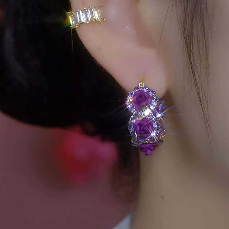 French Purple Rose Earrings for Women, Romantic Chic Jewelry, Luxury Elegant Statement Hoops 2025 Trend