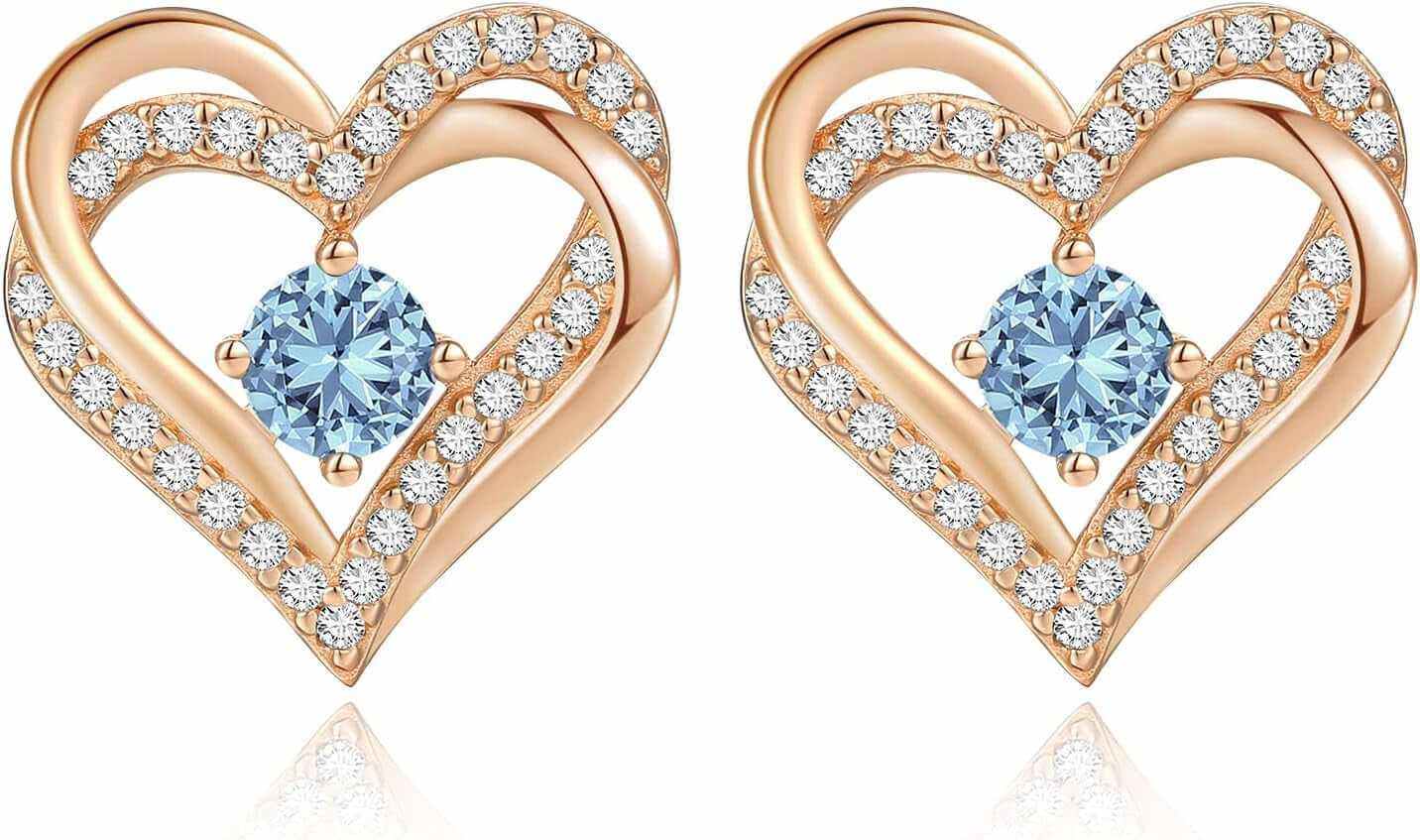 Forever Love Heart Stud Earrings for Women, 925 Sterling Silver Birthstone Heart Stud Earrings Mother&