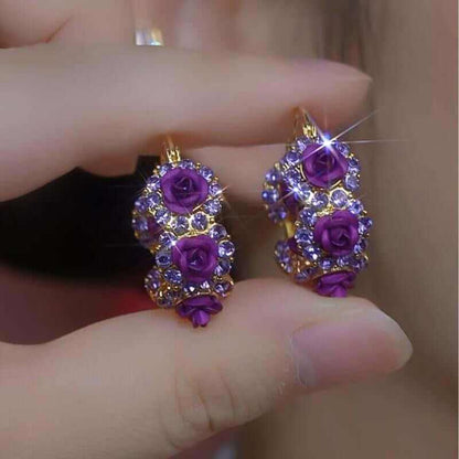 French Purple Rose Earrings for Women, Romantic Chic Jewelry, Luxury Elegant Statement Hoops 2025 Trend