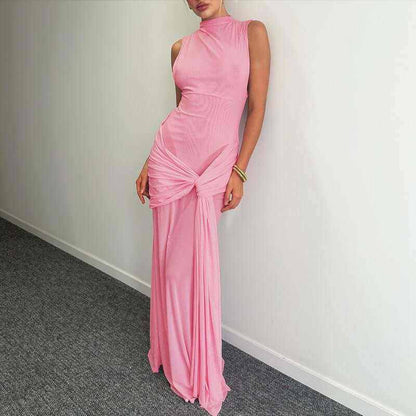 Mesh Pleats High Neck Sleeveless Maxi Dress with Ribbon Tie for Girls Casual Elegant Party Club Dating Wear Women&