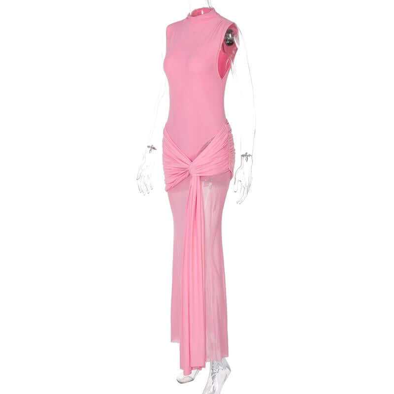 Mesh Pleats High Neck Sleeveless Maxi Dress with Ribbon Tie for Girls Casual Elegant Party Club Dating Wear Women&