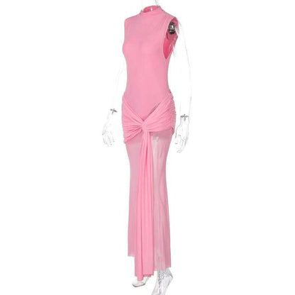 Mesh Pleats High Neck Sleeveless Maxi Dress with Ribbon Tie for Girls Casual Elegant Party Club Dating Wear Women&