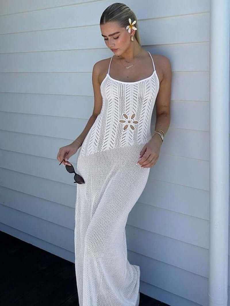 Knitted Flower Hollow Out Backless Lace up Bodycon Slip Dress Sexy See through Sleeveless Solid Color Vacation Long Dresses for Women