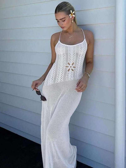 Knitted Flower Hollow Out Backless Lace up Bodycon Slip Dress Sexy See through Sleeveless Solid Color Vacation Long Dresses for Women