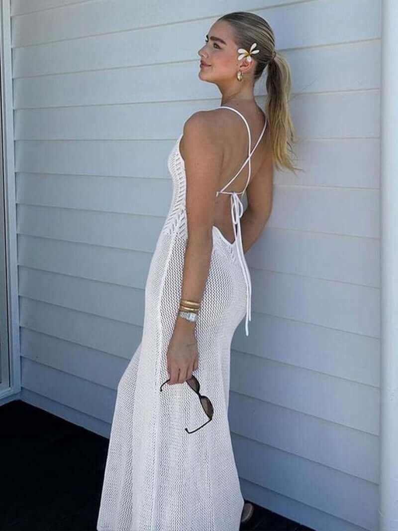 Knitted Flower Hollow Out Backless Lace up Bodycon Slip Dress Sexy See through Sleeveless Solid Color Vacation Long Dresses for Women