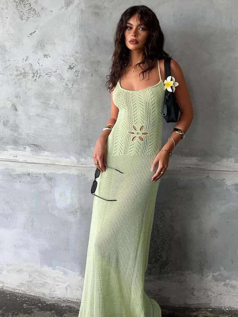 Knitted Flower Hollow Out Backless Lace up Bodycon Slip Dress Sexy See through Sleeveless Solid Color Vacation Long Dresses for Women