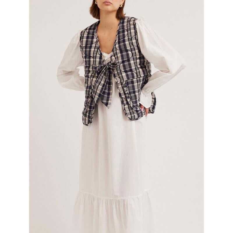 New Fashion Women Tie Front Vest Lightweight Solid Color/Plaid Print Sleeveless Cardigan Jacket for Streetwear Outerwear