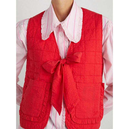 New Fashion Women Tie Front Vest Lightweight Solid Color/Plaid Print Sleeveless Cardigan Jacket for Streetwear Outerwear