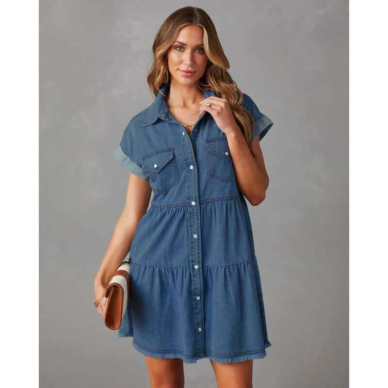 Women Denim Shirt Dresses Short Sleeve Flowy Jean Dresses Button down Casual Tiered Babydoll Denim Dress