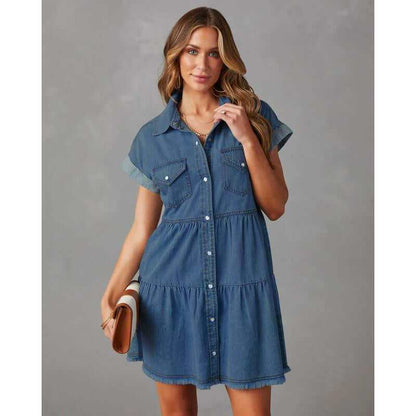 Women Denim Shirt Dresses Short Sleeve Flowy Jean Dresses Button down Casual Tiered Babydoll Denim Dress