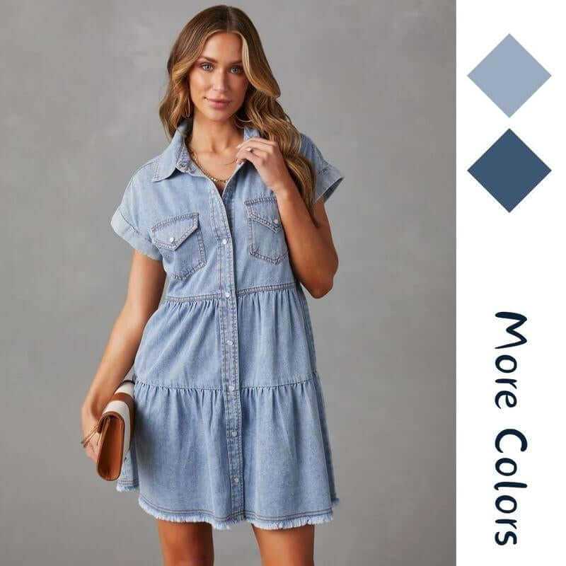 Women Denim Shirt Dresses Short Sleeve Flowy Jean Dresses Button down Casual Tiered Babydoll Denim Dress