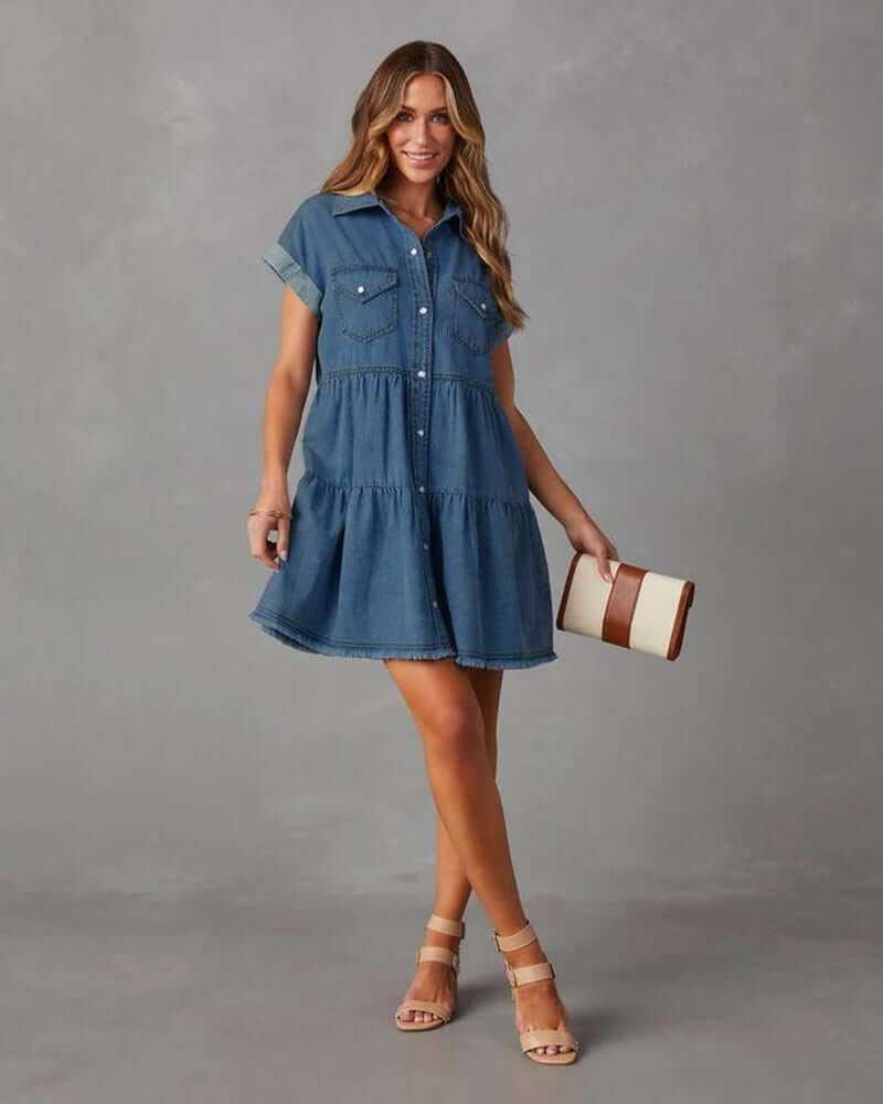 Women Denim Shirt Dresses Short Sleeve Flowy Jean Dresses Button down Casual Tiered Babydoll Denim Dress