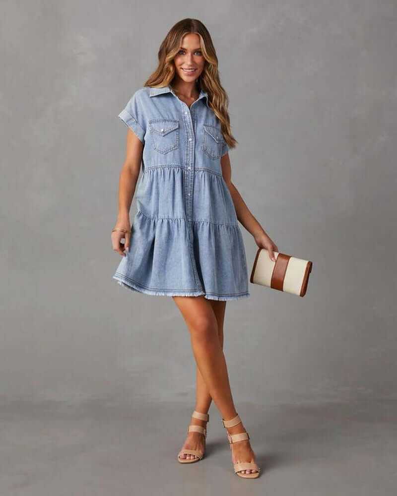 Women Denim Shirt Dresses Short Sleeve Flowy Jean Dresses Button down Casual Tiered Babydoll Denim Dress
