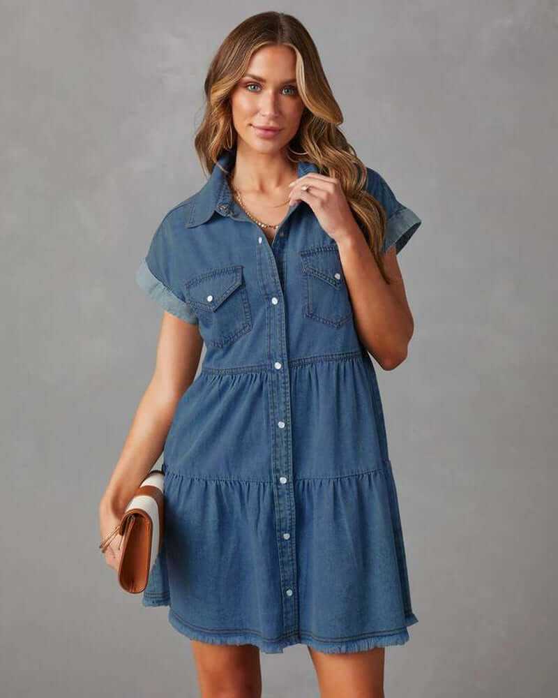 Women Denim Shirt Dresses Short Sleeve Flowy Jean Dresses Button down Casual Tiered Babydoll Denim Dress