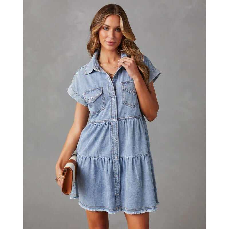 Women Denim Shirt Dresses Short Sleeve Flowy Jean Dresses Button down Casual Tiered Babydoll Denim Dress
