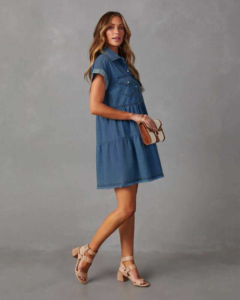 Women Denim Shirt Dresses Short Sleeve Flowy Jean Dresses Button down Casual Tiered Babydoll Denim Dress