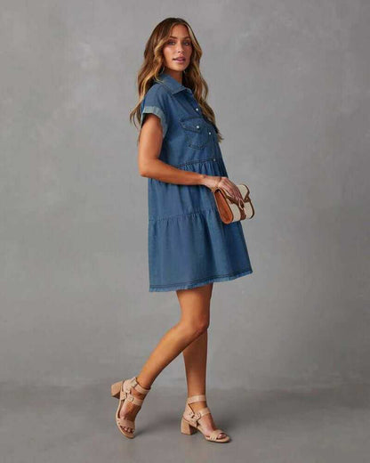 Women Denim Shirt Dresses Short Sleeve Flowy Jean Dresses Button down Casual Tiered Babydoll Denim Dress