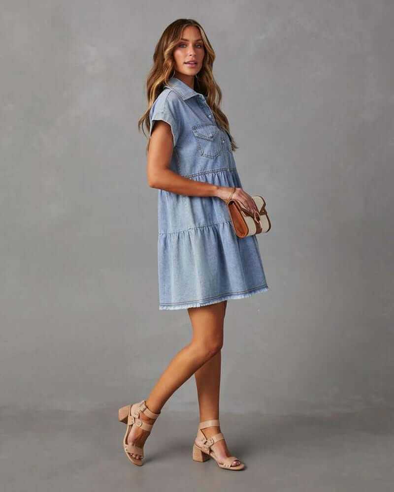 Women Denim Shirt Dresses Short Sleeve Flowy Jean Dresses Button down Casual Tiered Babydoll Denim Dress