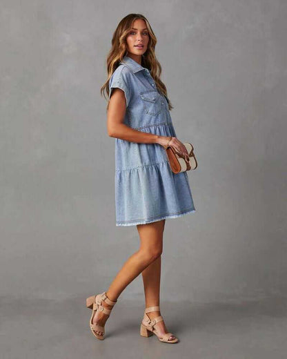 Women Denim Shirt Dresses Short Sleeve Flowy Jean Dresses Button down Casual Tiered Babydoll Denim Dress