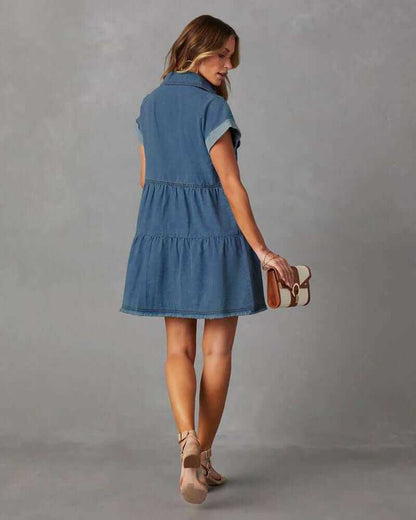 Women Denim Shirt Dresses Short Sleeve Flowy Jean Dresses Button down Casual Tiered Babydoll Denim Dress
